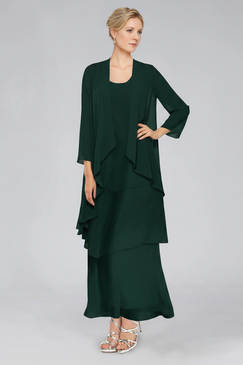 Sheath/Column Tiered Scoop Sleeveless Ankle-Length Mother of the Bride Dresses with Jacket & Ruffles