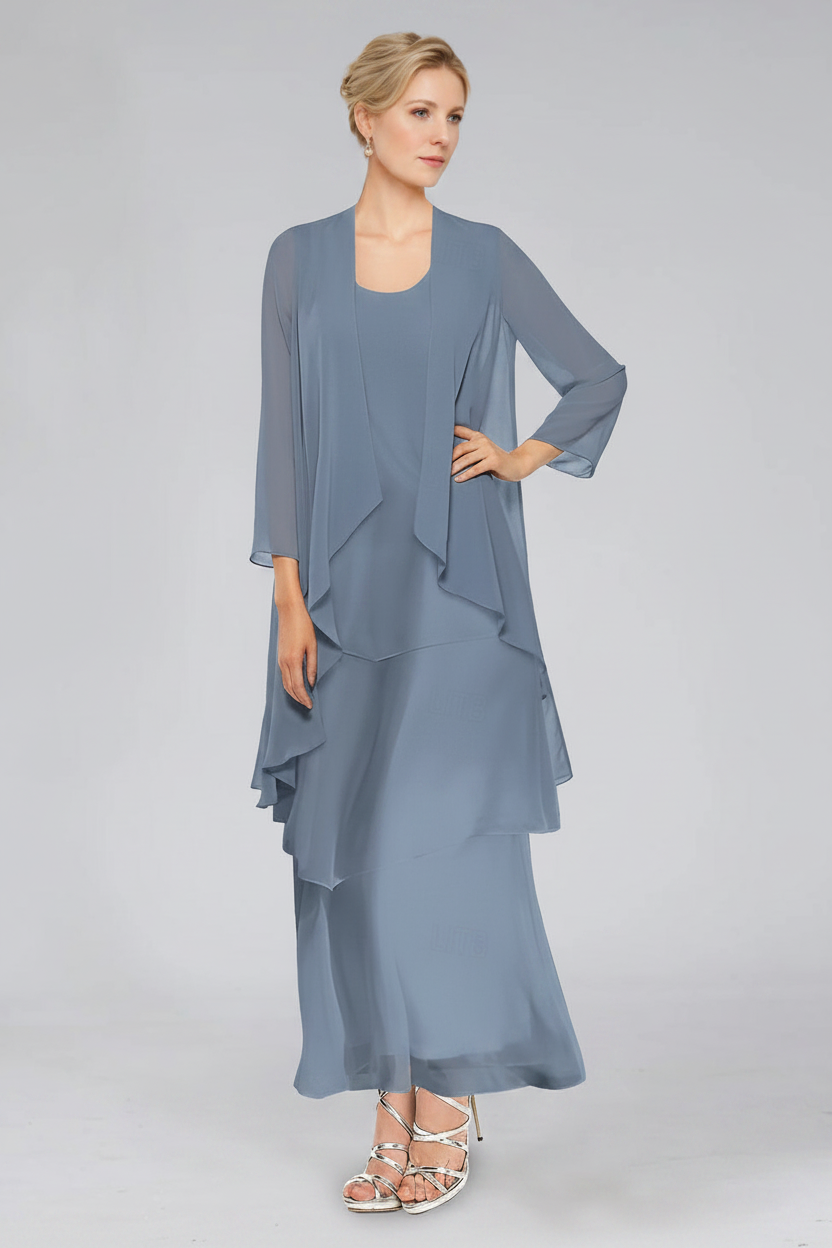 Sheath/Column Tiered Scoop Sleeveless Ankle-Length Mother of the Bride Dresses with Jacket & Ruffles