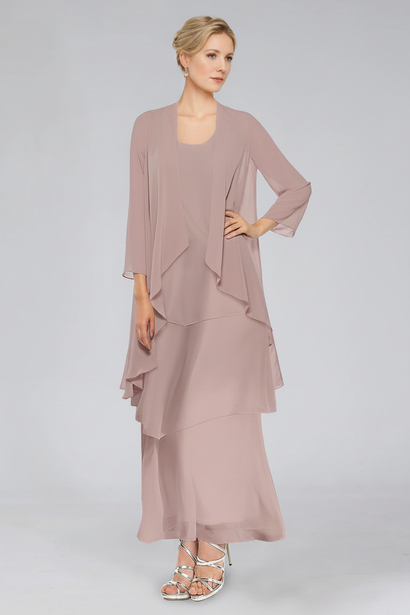 Sheath/Column Tiered Scoop Sleeveless Ankle-Length Mother of the Bride Dresses with Jacket & Ruffles