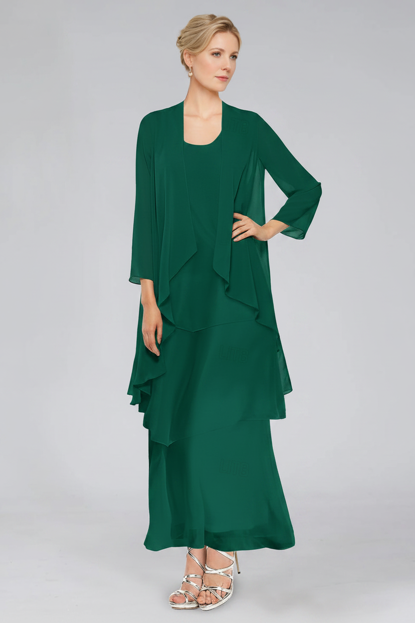 Sheath/Column Tiered Scoop Sleeveless Ankle-Length Mother of the Bride Dresses with Jacket & Ruffles