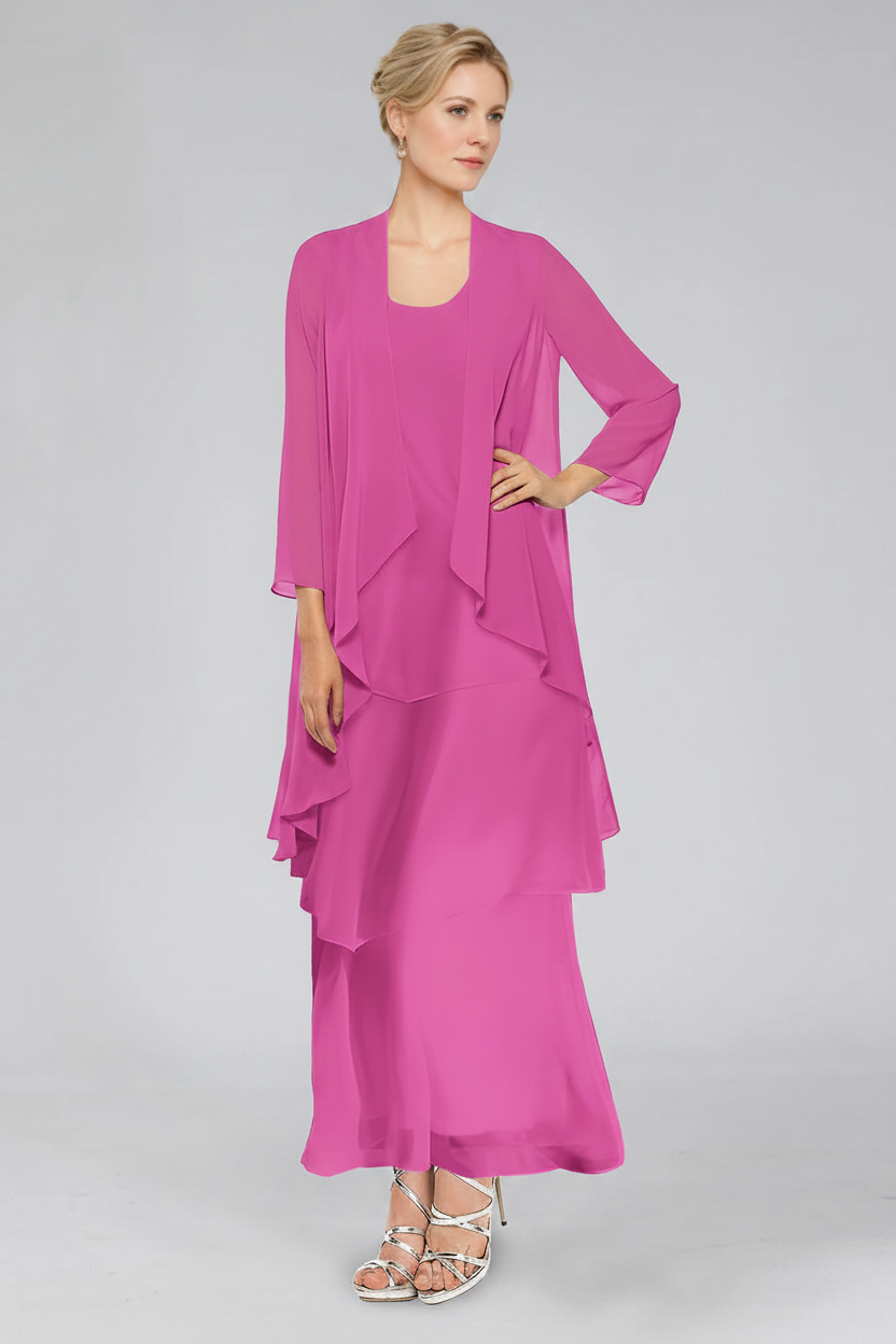 Sheath/Column Tiered Scoop Sleeveless Ankle-Length Mother of the Bride Dresses with Jacket & Ruffles