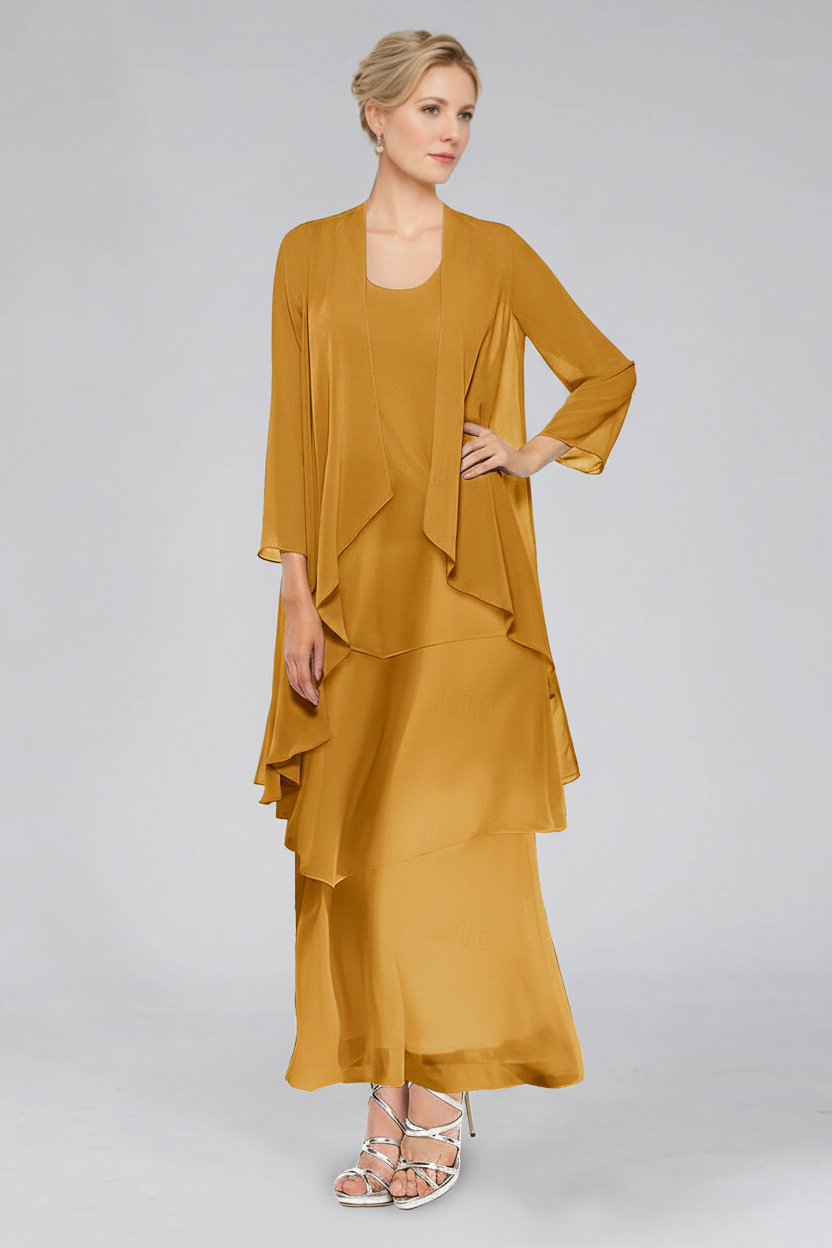 Sheath/Column Tiered Scoop Sleeveless Ankle-Length Mother of the Bride Dresses with Jacket & Ruffles