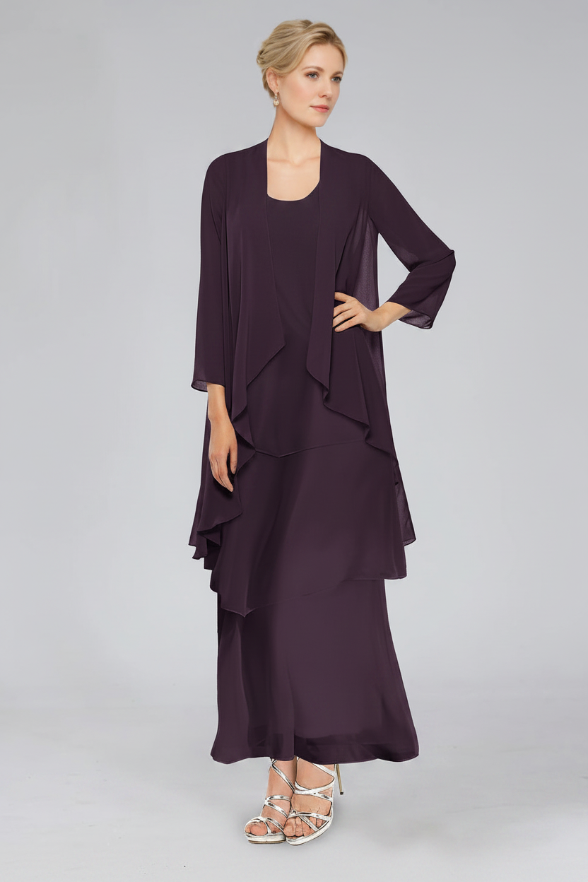 Sheath/Column Tiered Scoop Sleeveless Ankle-Length Mother of the Bride Dresses with Jacket & Ruffles