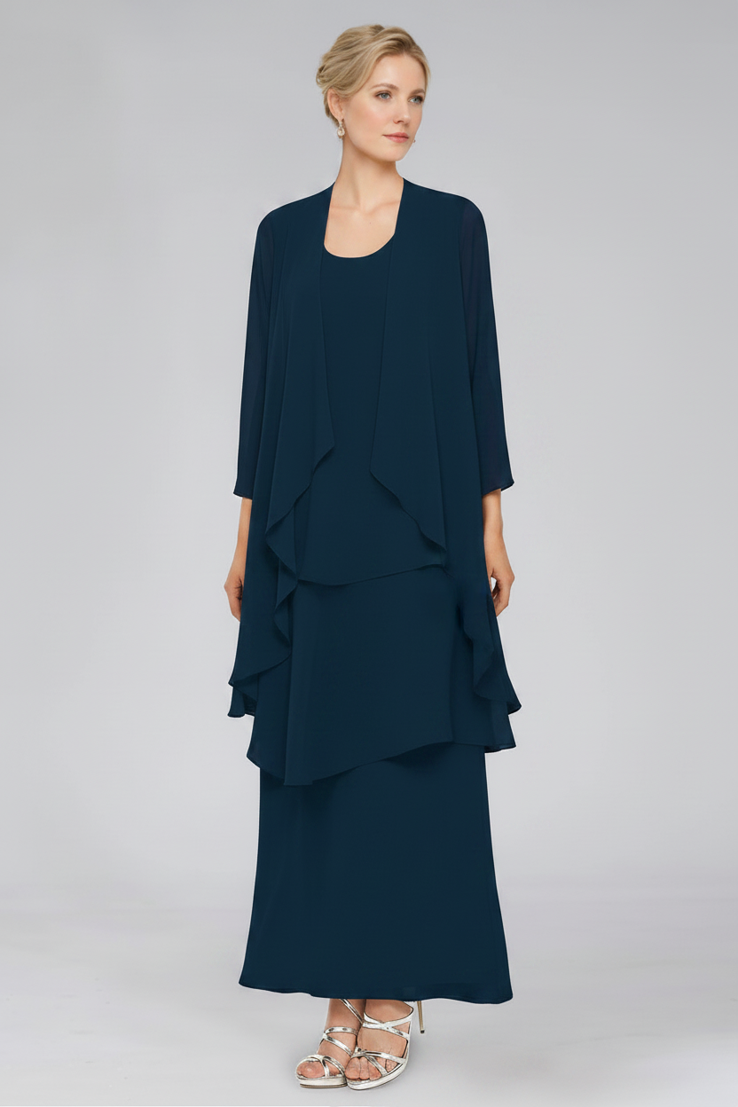 Sheath/Column Tiered Scoop Sleeveless Ankle-Length Mother of the Bride Dresses with Jacket & Ruffles