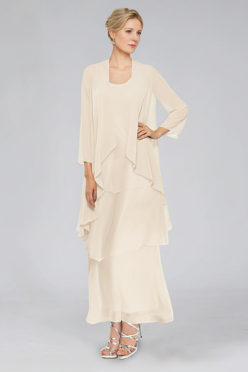 Sheath/Column Tiered Scoop Sleeveless Ankle-Length Mother of the Bride Dresses with Jacket & Ruffles