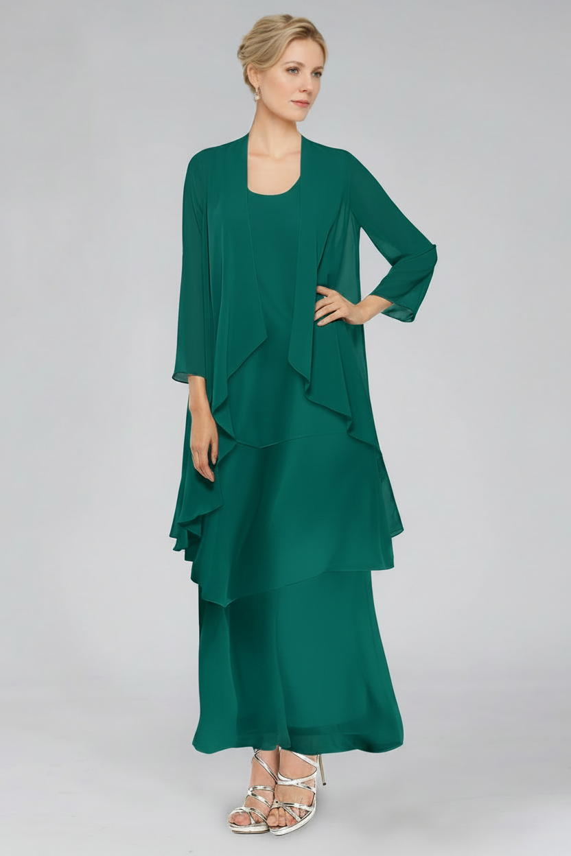 Sheath/Column Tiered Scoop Sleeveless Ankle-Length Mother of the Bride Dresses with Jacket & Ruffles