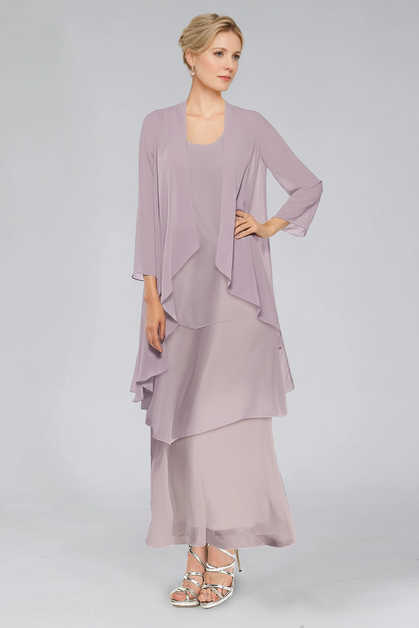 Sheath/Column Tiered Scoop Sleeveless Ankle-Length Mother of the Bride Dresses with Jacket & Ruffles
