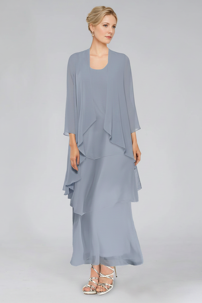 Sheath/Column Tiered Scoop Sleeveless Ankle-Length Mother of the Bride Dresses with Jacket & Ruffles