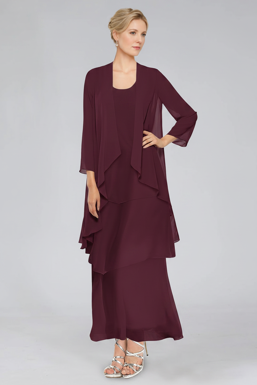 Sheath/Column Tiered Scoop Sleeveless Ankle-Length Mother of the Bride Dresses with Jacket & Ruffles