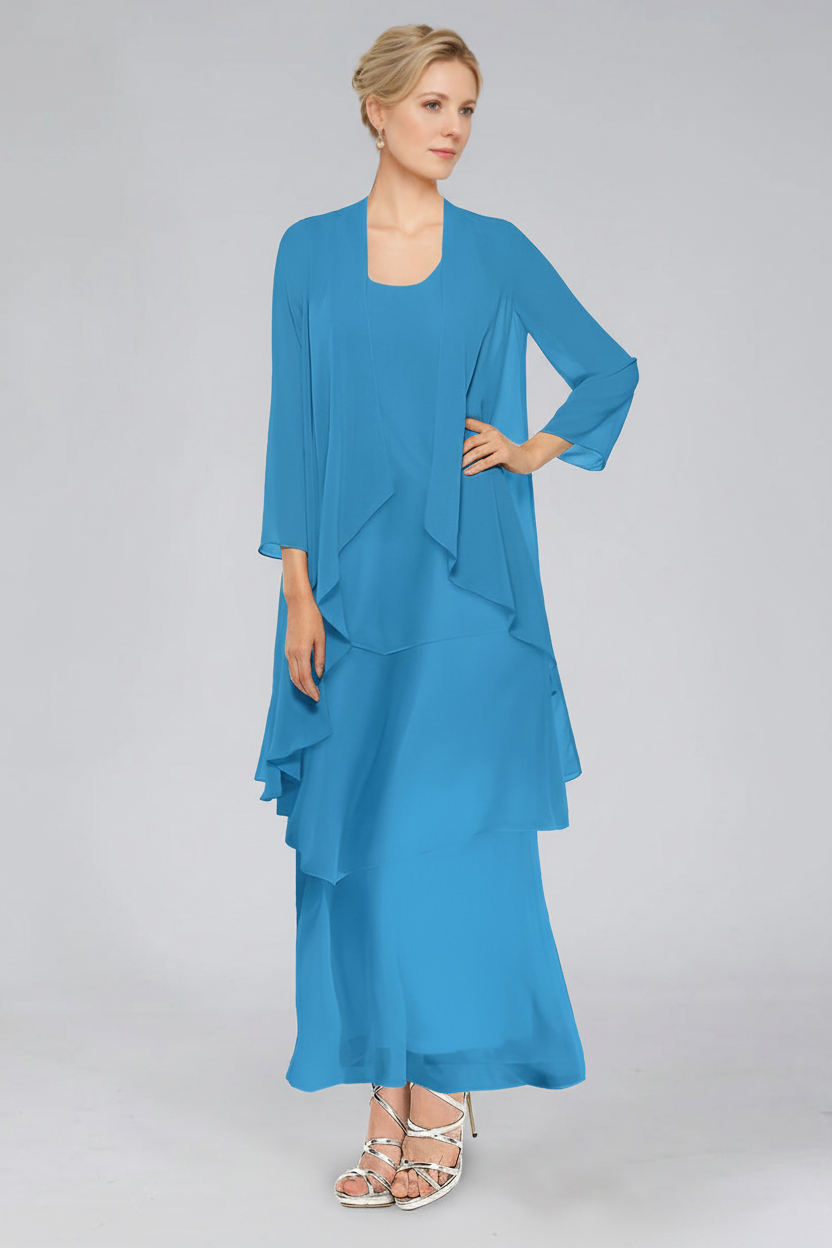Sheath/Column Tiered Scoop Sleeveless Ankle-Length Mother of the Bride Dresses with Jacket & Ruffles
