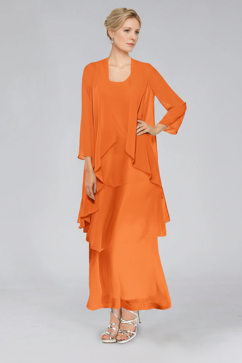 Sheath/Column Tiered Scoop Sleeveless Ankle-Length Mother of the Bride Dresses with Jacket & Ruffles