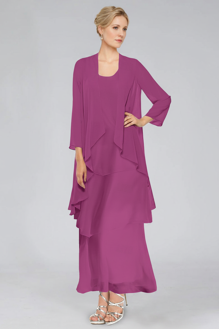 Sheath/Column Tiered Scoop Sleeveless Ankle-Length Mother of the Bride Dresses with Jacket & Ruffles