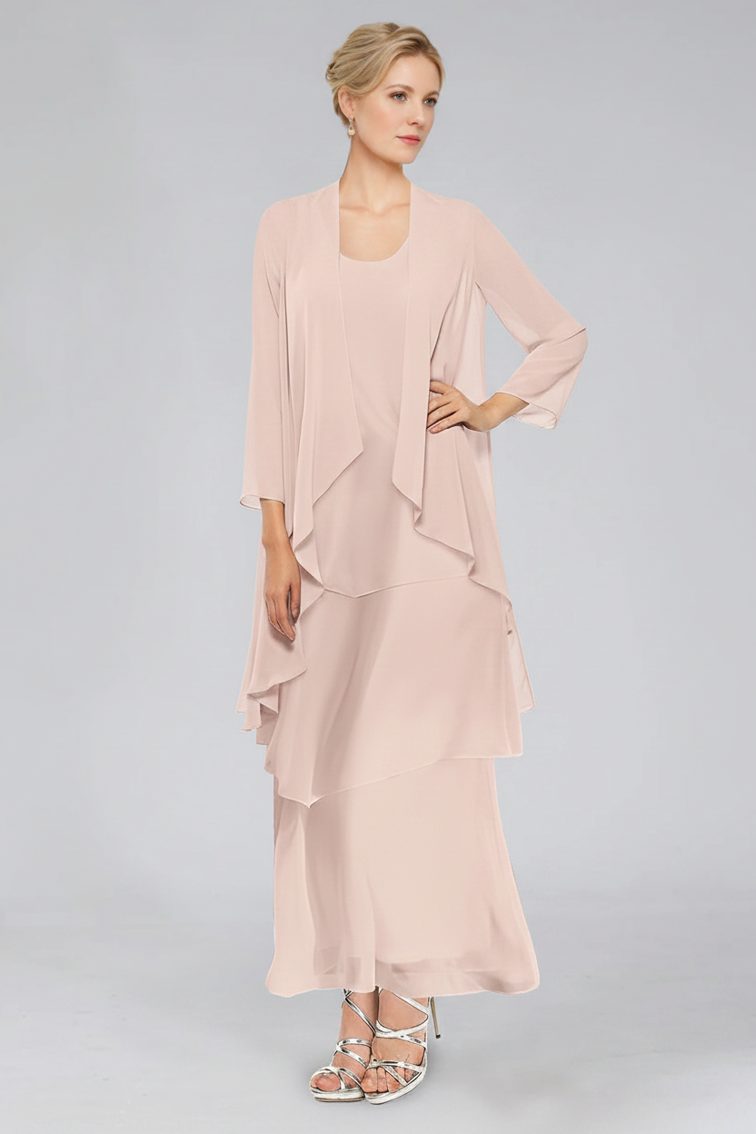 Sheath/Column Tiered Scoop Sleeveless Ankle-Length Mother of the Bride Dresses with Jacket & Ruffles