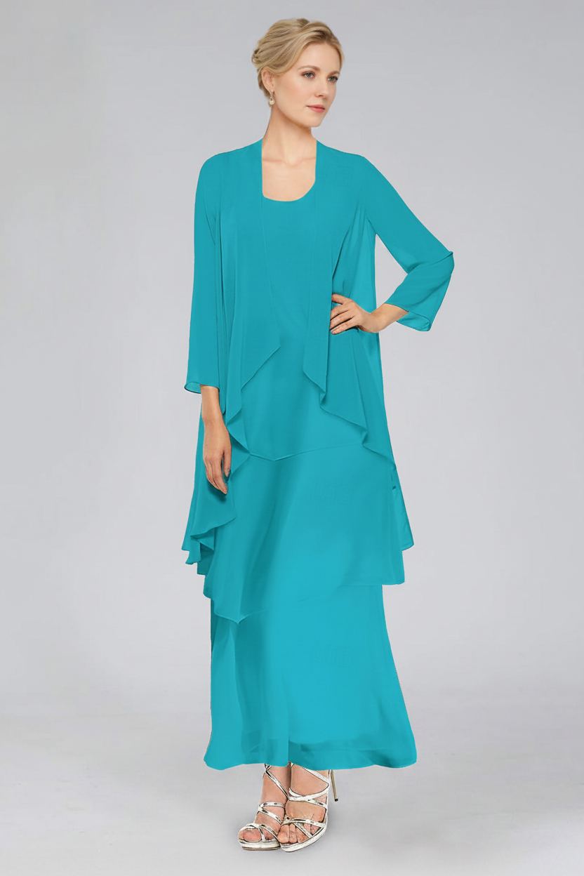 Sheath/Column Tiered Scoop Sleeveless Ankle-Length Mother of the Bride Dresses with Jacket & Ruffles