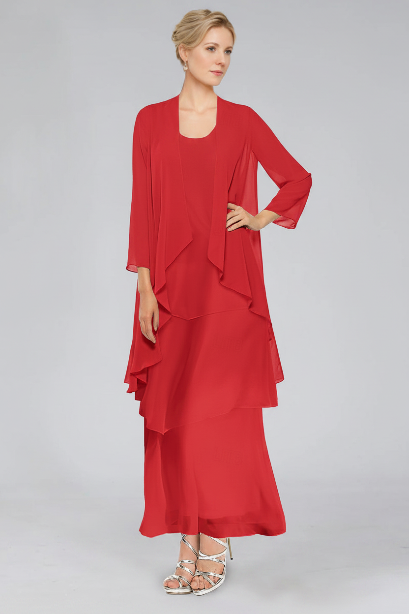 Sheath/Column Tiered Scoop Sleeveless Ankle-Length Mother of the Bride Dresses with Jacket & Ruffles