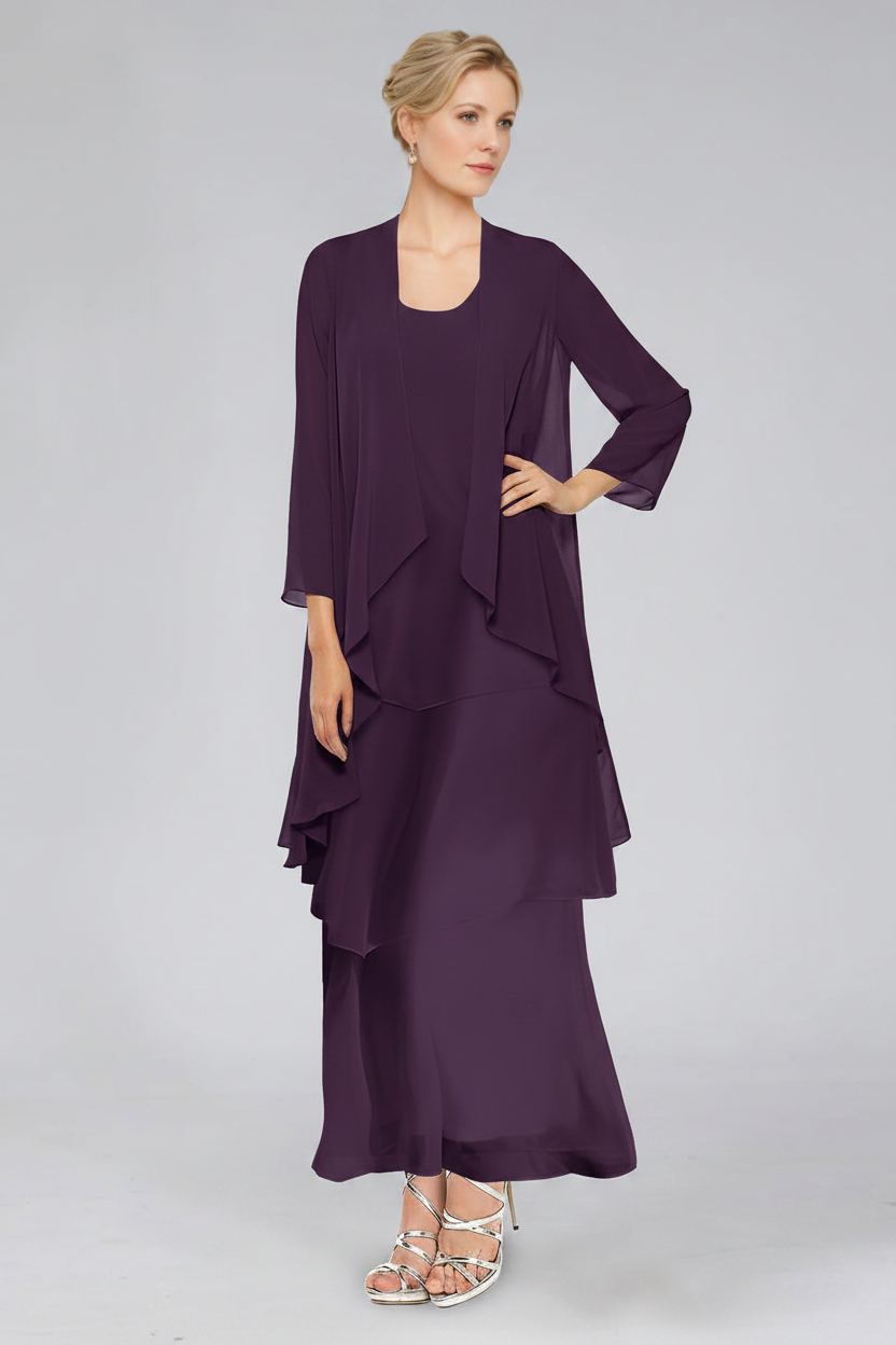 Sheath/Column Tiered Scoop Sleeveless Ankle-Length Mother of the Bride Dresses with Jacket & Ruffles