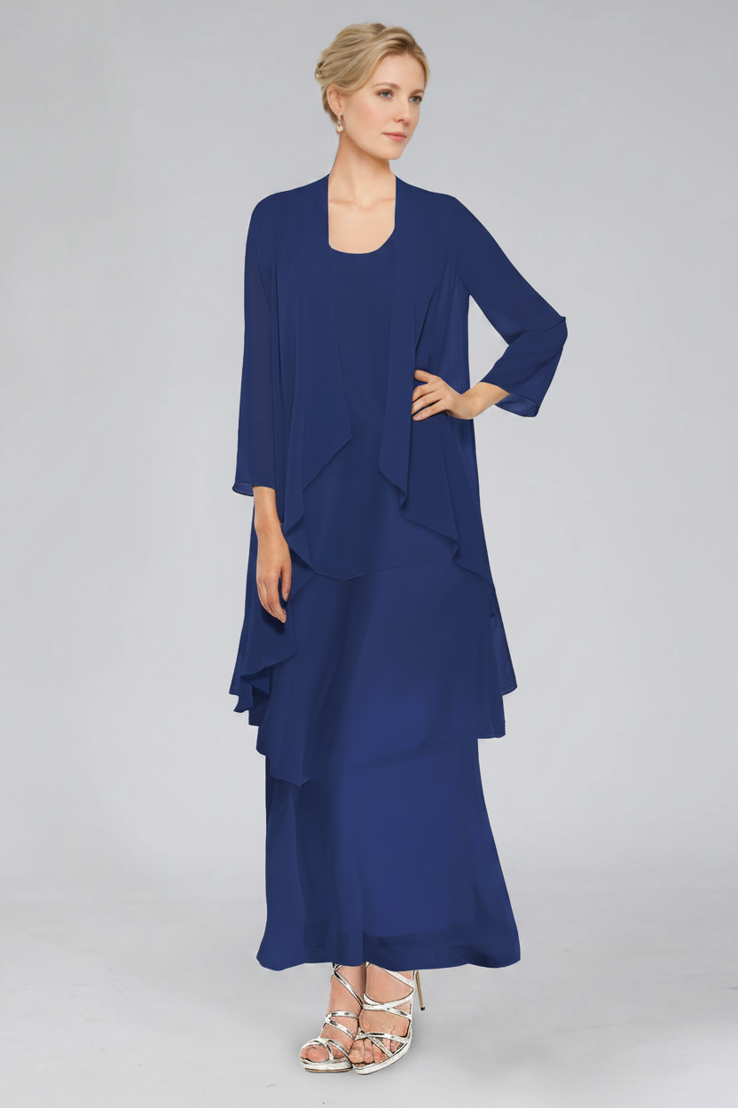 Sheath/Column Tiered Scoop Sleeveless Ankle-Length Mother of the Bride Dresses with Jacket & Ruffles