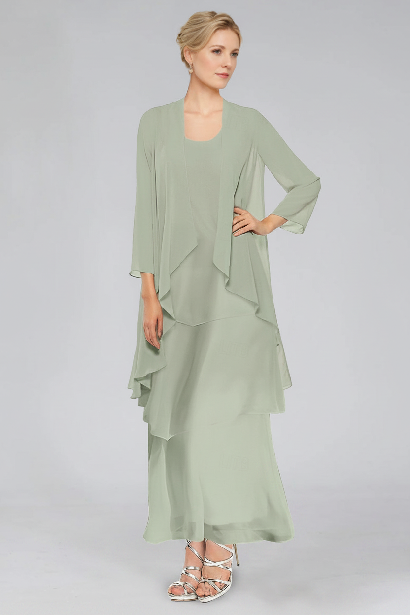 Sheath/Column Tiered Scoop Sleeveless Ankle-Length Mother of the Bride Dresses with Jacket & Ruffles