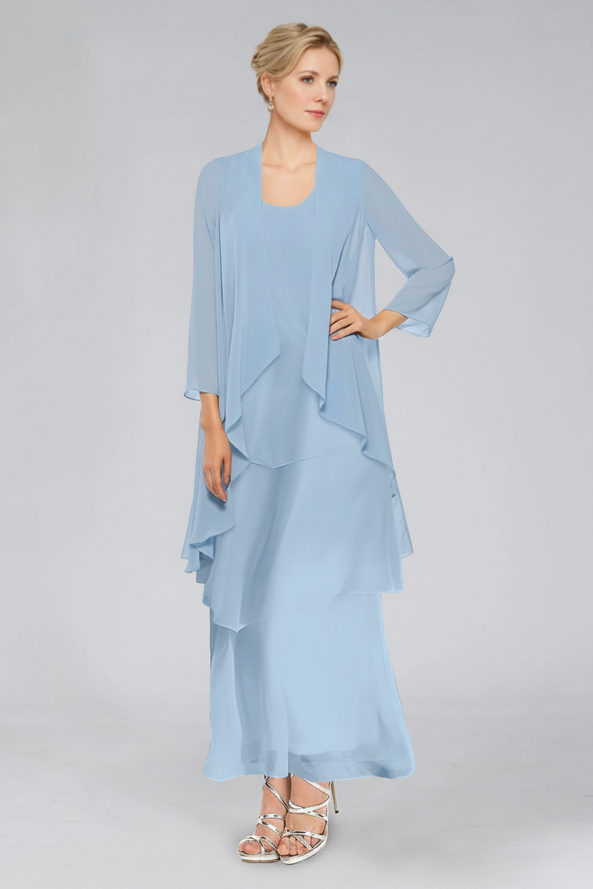 Sheath/Column Tiered Scoop Sleeveless Ankle-Length Mother of the Bride Dresses with Jacket & Ruffles