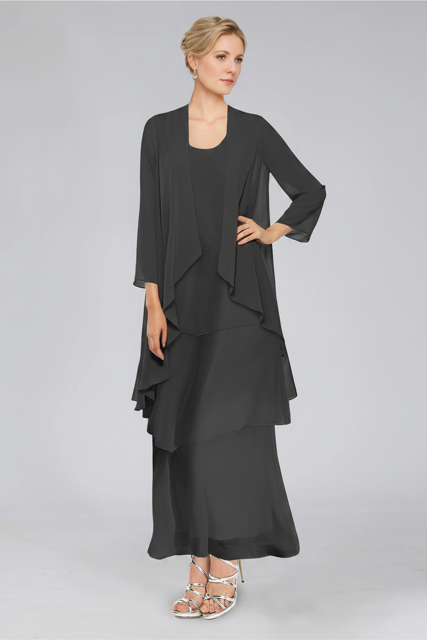 Sheath/Column Tiered Scoop Sleeveless Ankle-Length Mother of the Bride Dresses with Jacket & Ruffles