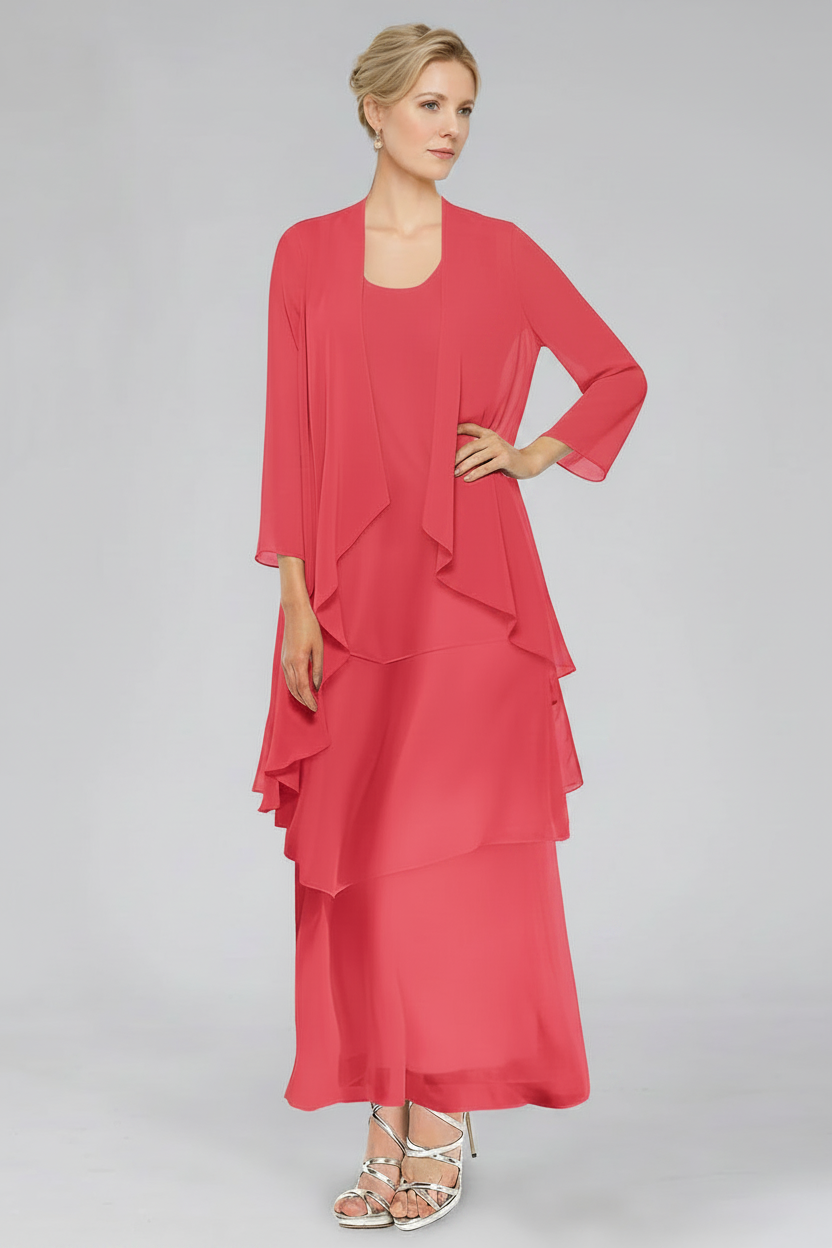 Sheath/Column Tiered Scoop Sleeveless Ankle-Length Mother of the Bride Dresses with Jacket & Ruffles