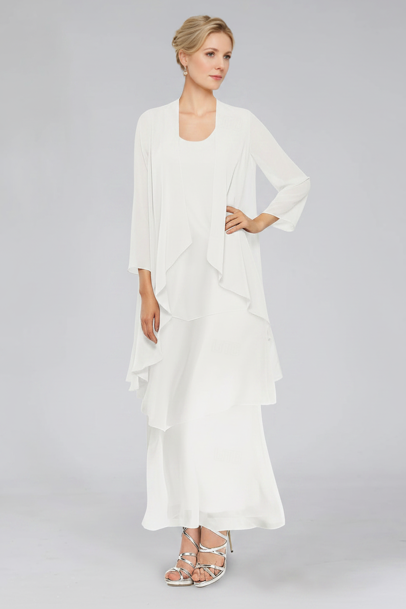Sheath/Column Tiered Scoop Sleeveless Ankle-Length Mother of the Bride Dresses with Jacket & Ruffles