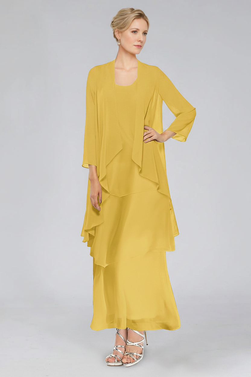 Sheath/Column Tiered Scoop Sleeveless Ankle-Length Mother of the Bride Dresses with Jacket & Ruffles