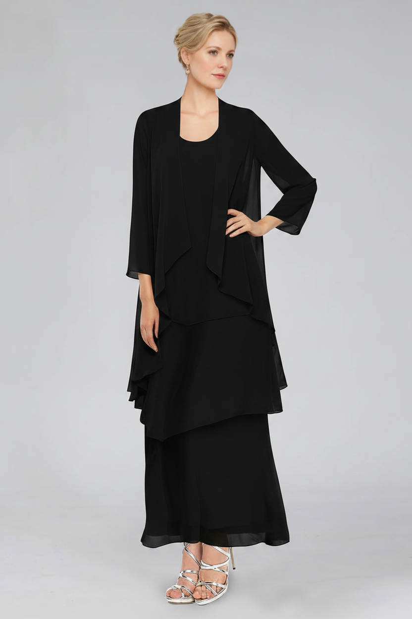 Sheath/Column Tiered Scoop Sleeveless Ankle-Length Mother of the Bride Dresses with Jacket & Ruffles