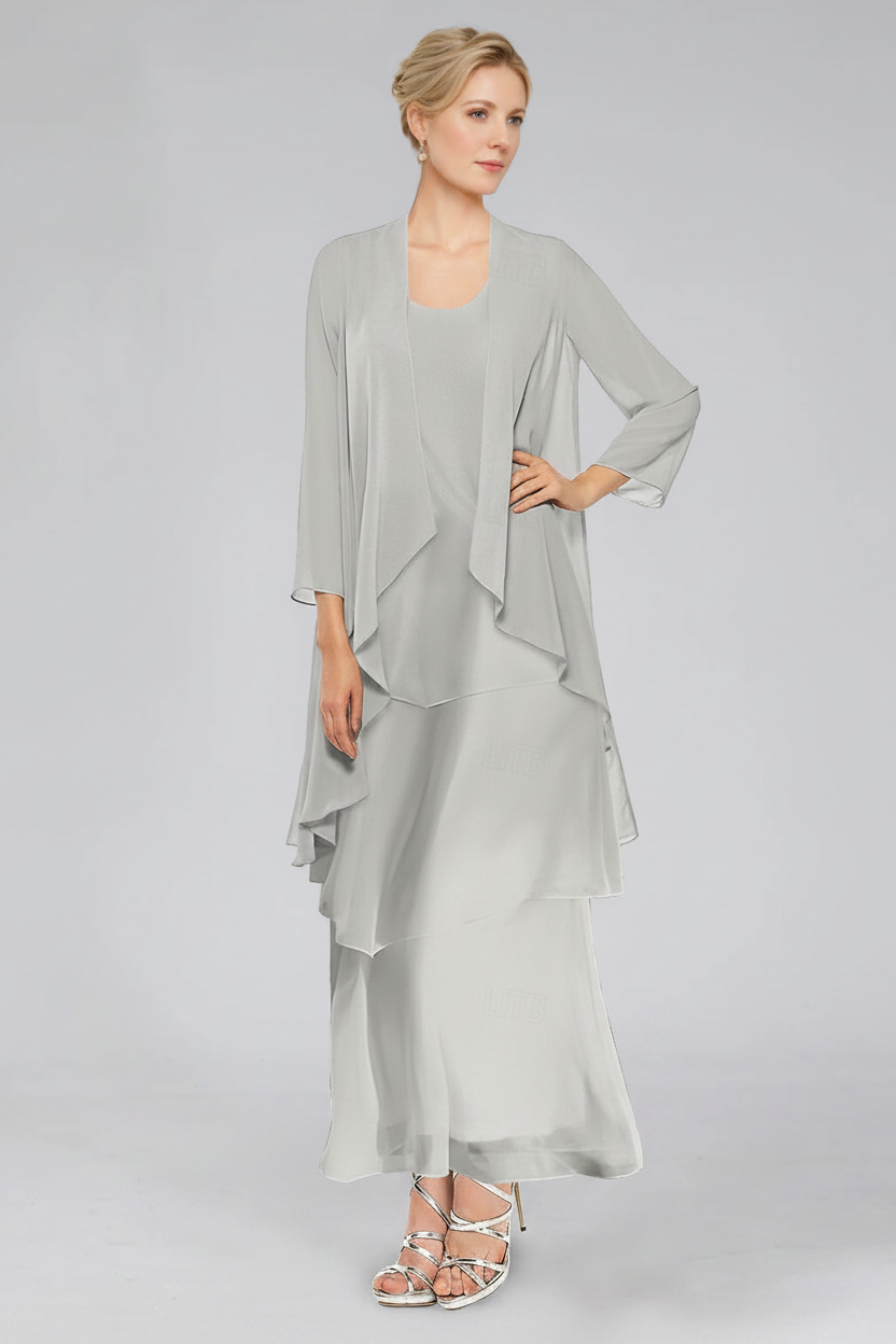 Sheath/Column Tiered Scoop Sleeveless Ankle-Length Mother of the Bride Dresses with Jacket & Ruffles