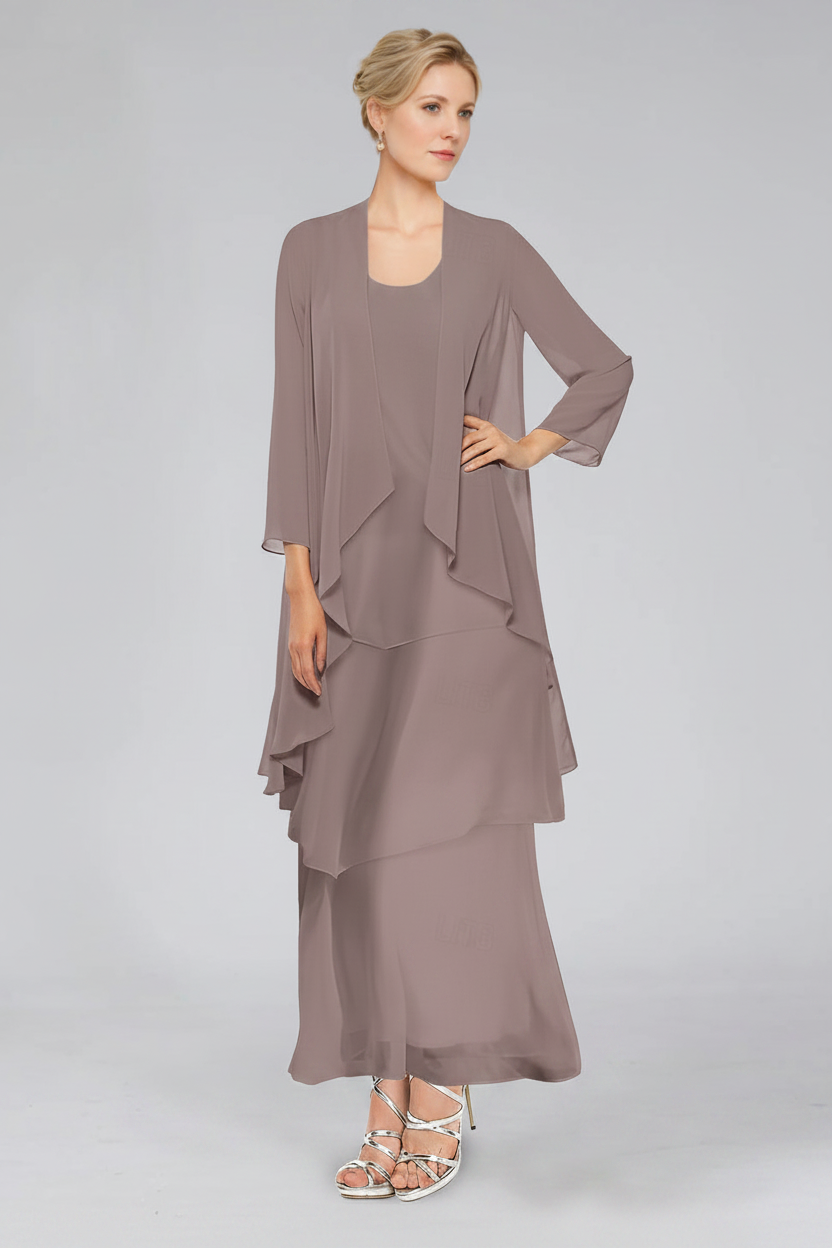 Sheath/Column Tiered Scoop Sleeveless Ankle-Length Mother of the Bride Dresses with Jacket & Ruffles