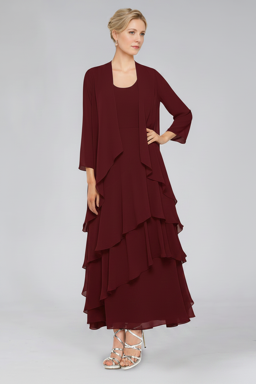 Sheath/Column Tiered Scoop Sleeveless Ankle-Length Mother of the Bride Dresses with Jacket & Ruffles
