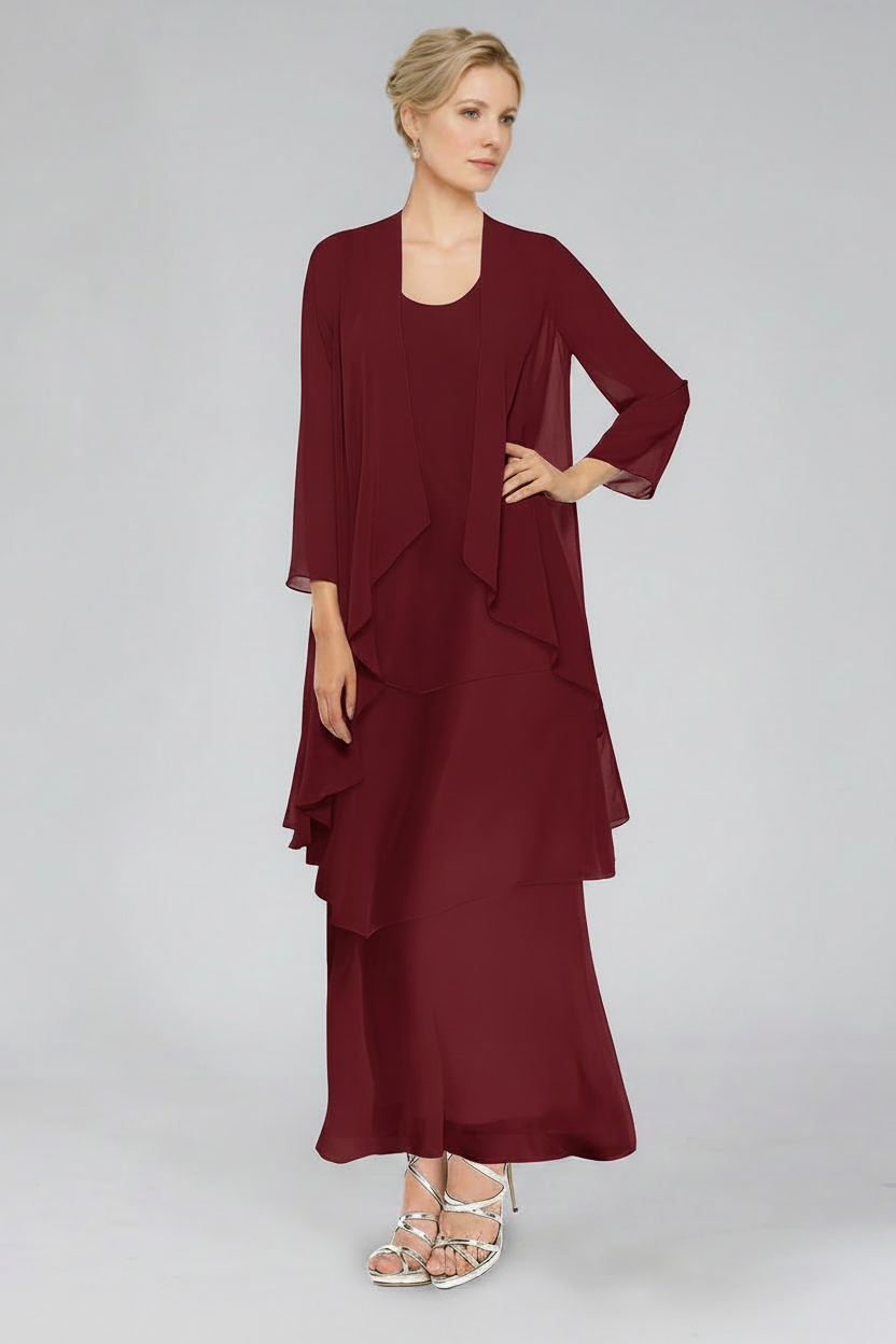 Sheath/Column Tiered Scoop Sleeveless Ankle-Length Mother of the Bride Dresses with Jacket & Ruffles