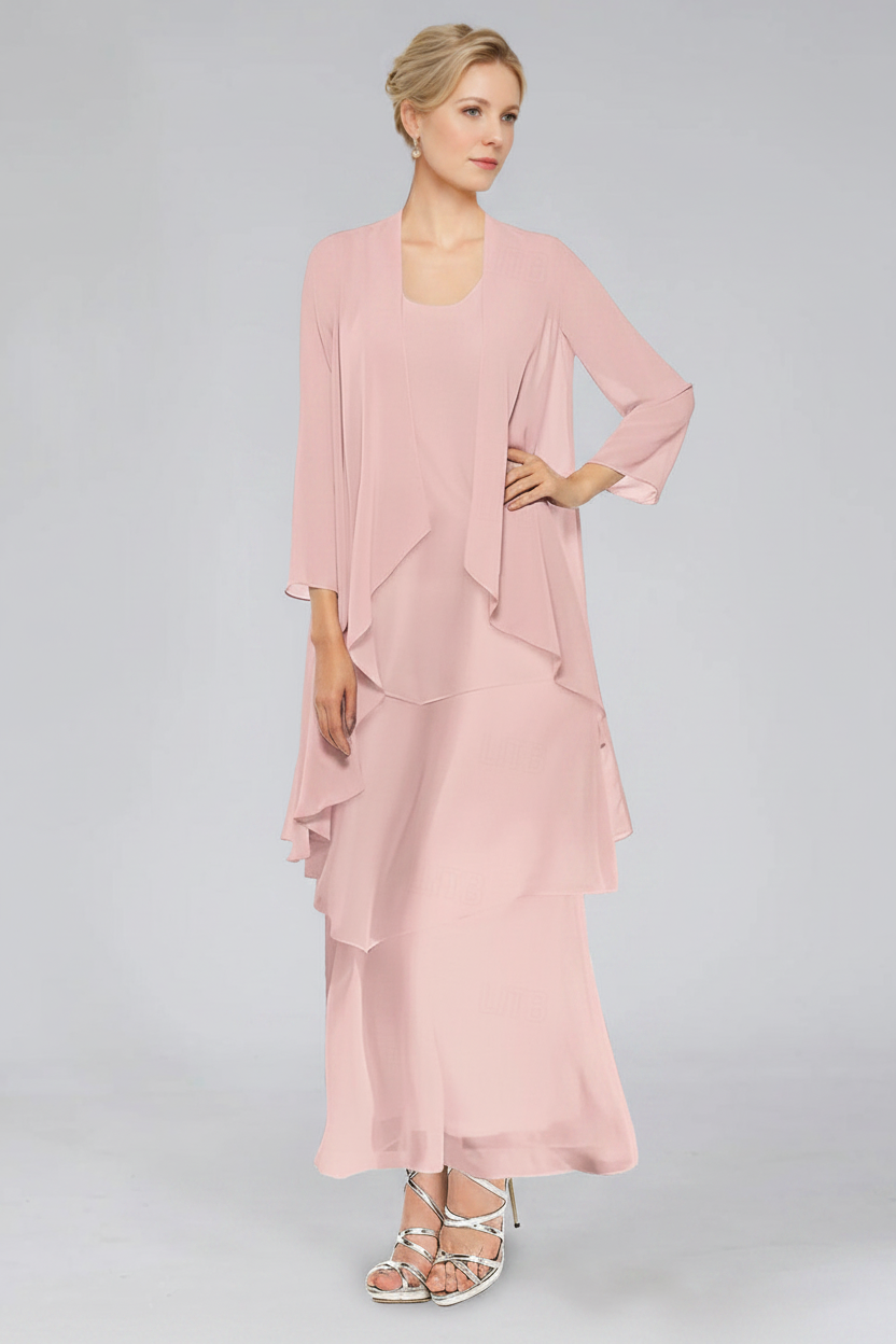 Sheath/Column Tiered Scoop Sleeveless Ankle-Length Mother of the Bride Dresses with Jacket & Ruffles