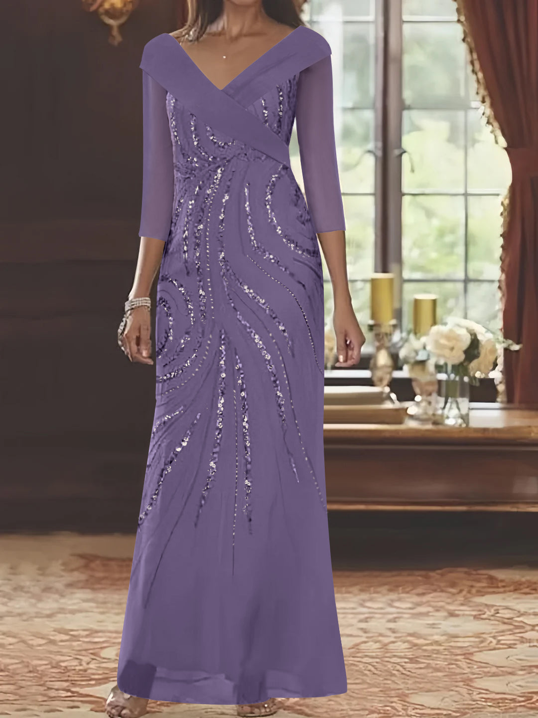 Sheath/Column V-Neck 3/4 Length Sleeve Floor-Length Mother of the Bride Dresses with Sequins Beading
