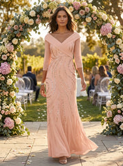 Sheath/Column V-Neck 3/4 Length Sleeve Floor-Length Mother of the Bride Dresses with Sequins Beading