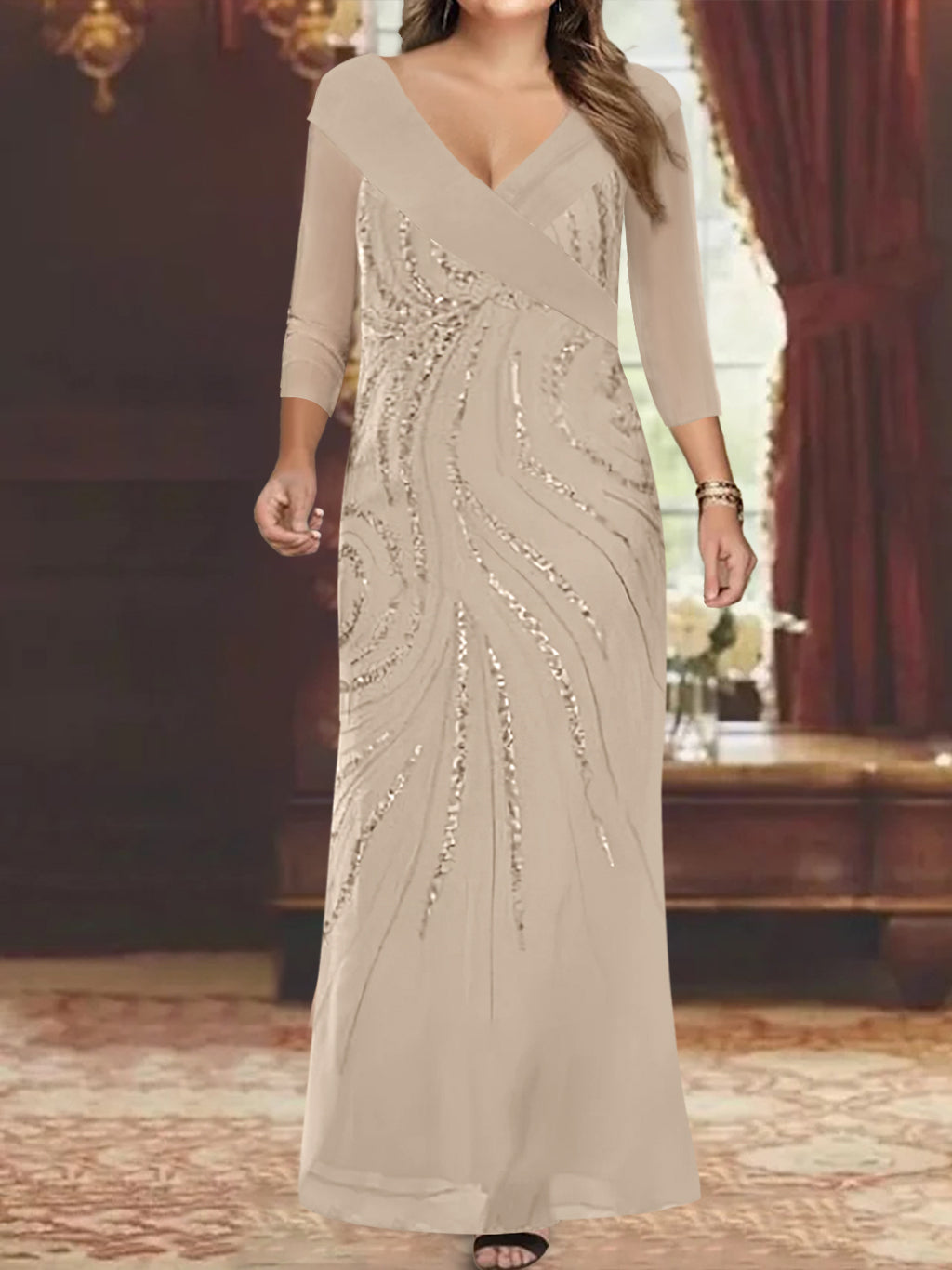 Sheath/Column V-Neck 3/4 Length Sleeve Floor-Length Mother of the Bride Dresses with Sequins Beading