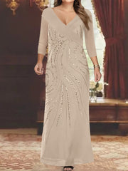 Sheath/Column V-Neck 3/4 Length Sleeve Floor-Length Mother of the Bride Dresses with Sequins Beading