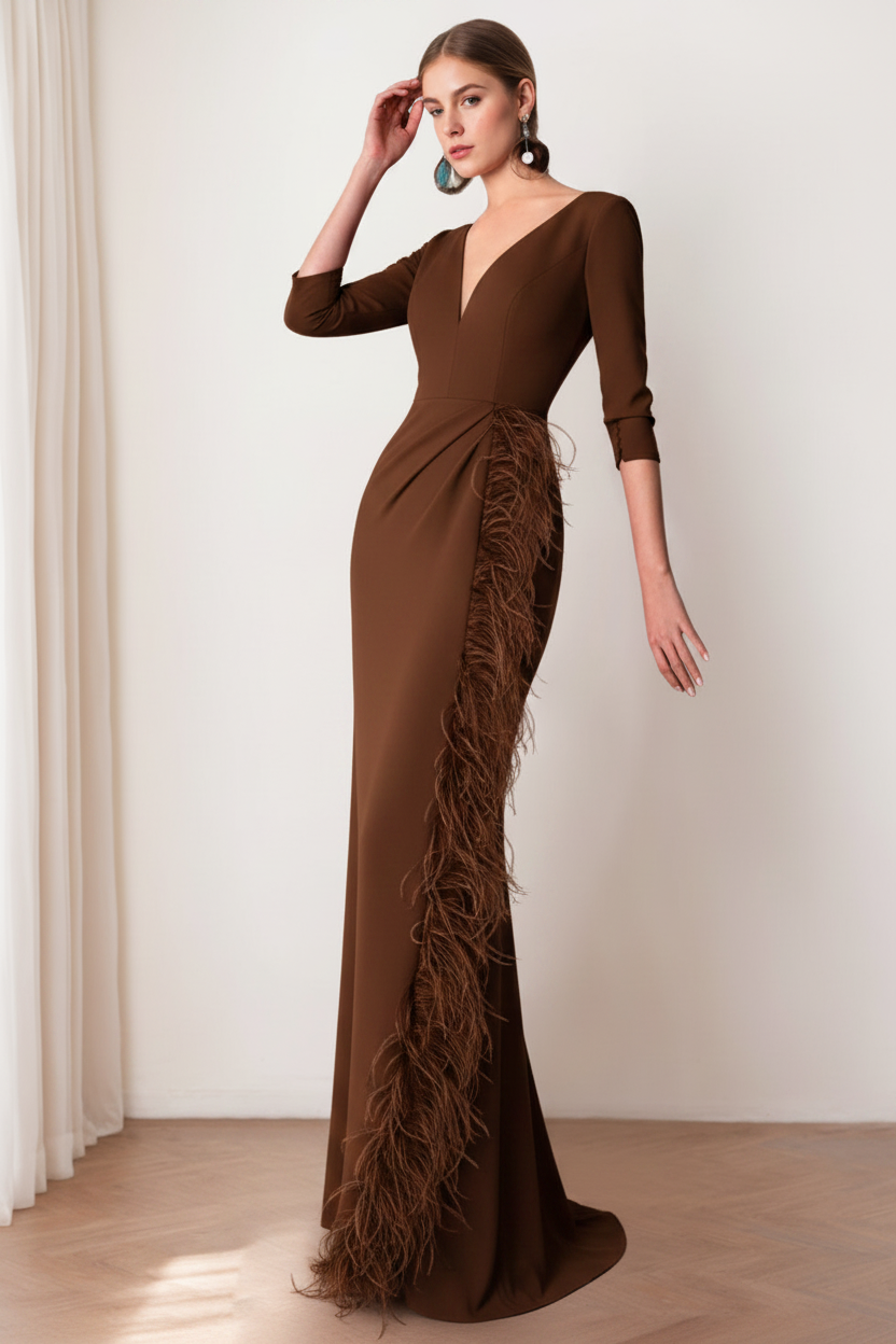 Sheath/Column V-Neck 3/4 Length Sleeves Floor-Length Mother of the Bride dresses with Feathers