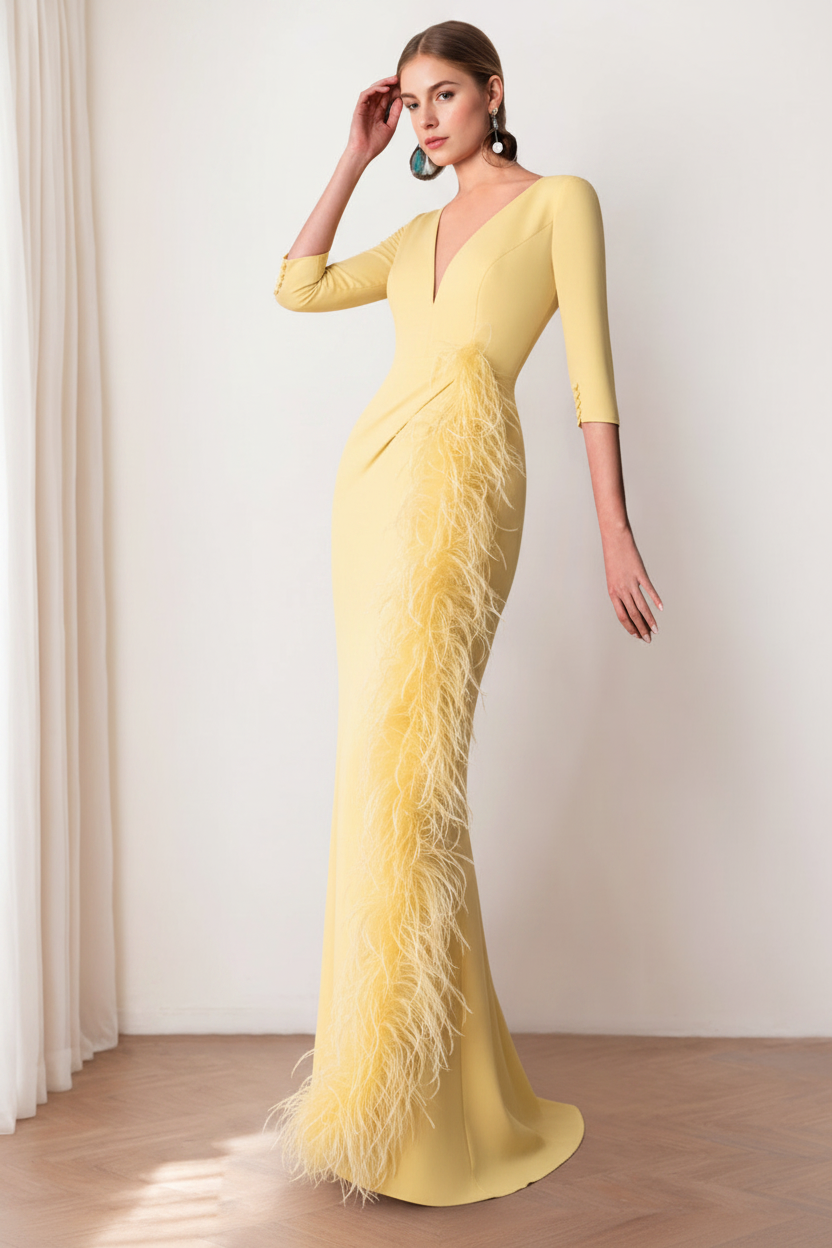 Sheath/Column V-Neck 3/4 Length Sleeves Floor-Length Mother of the Bride dresses with Feathers