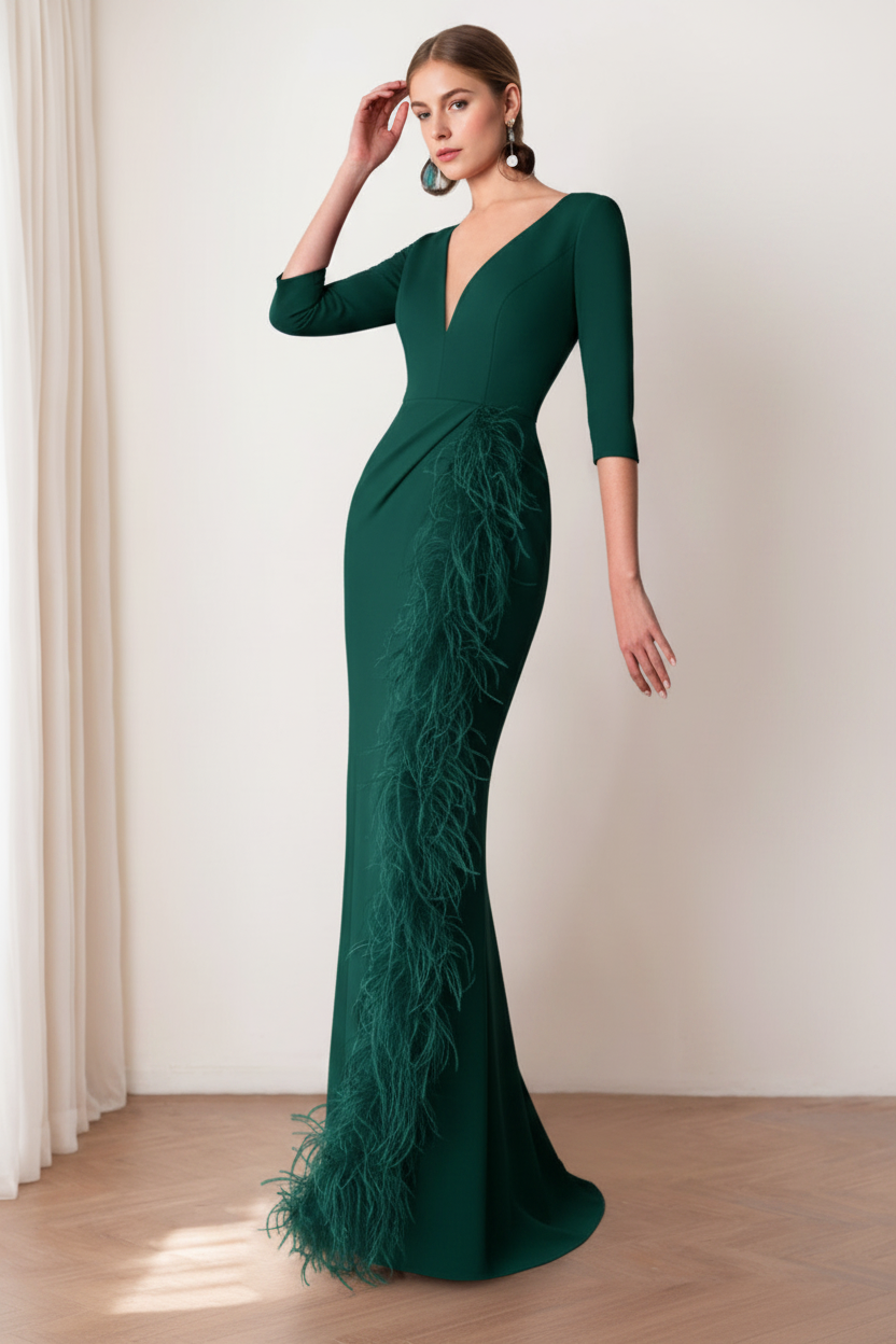 Sheath/Column V-Neck 3/4 Length Sleeves Floor-Length Mother of the Bride dresses with Feathers