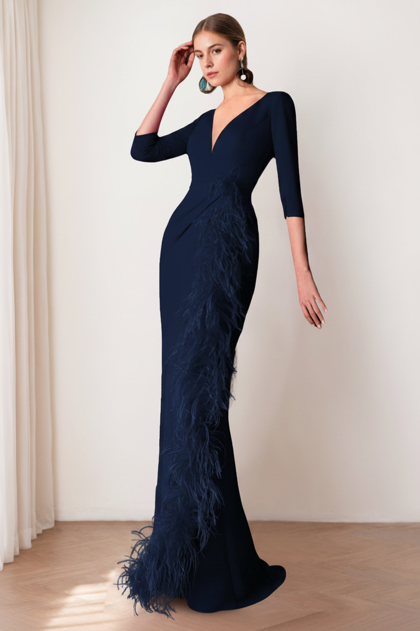 Sheath/Column V-Neck 3/4 Length Sleeves Floor-Length Mother of the Bride dresses with Feathers