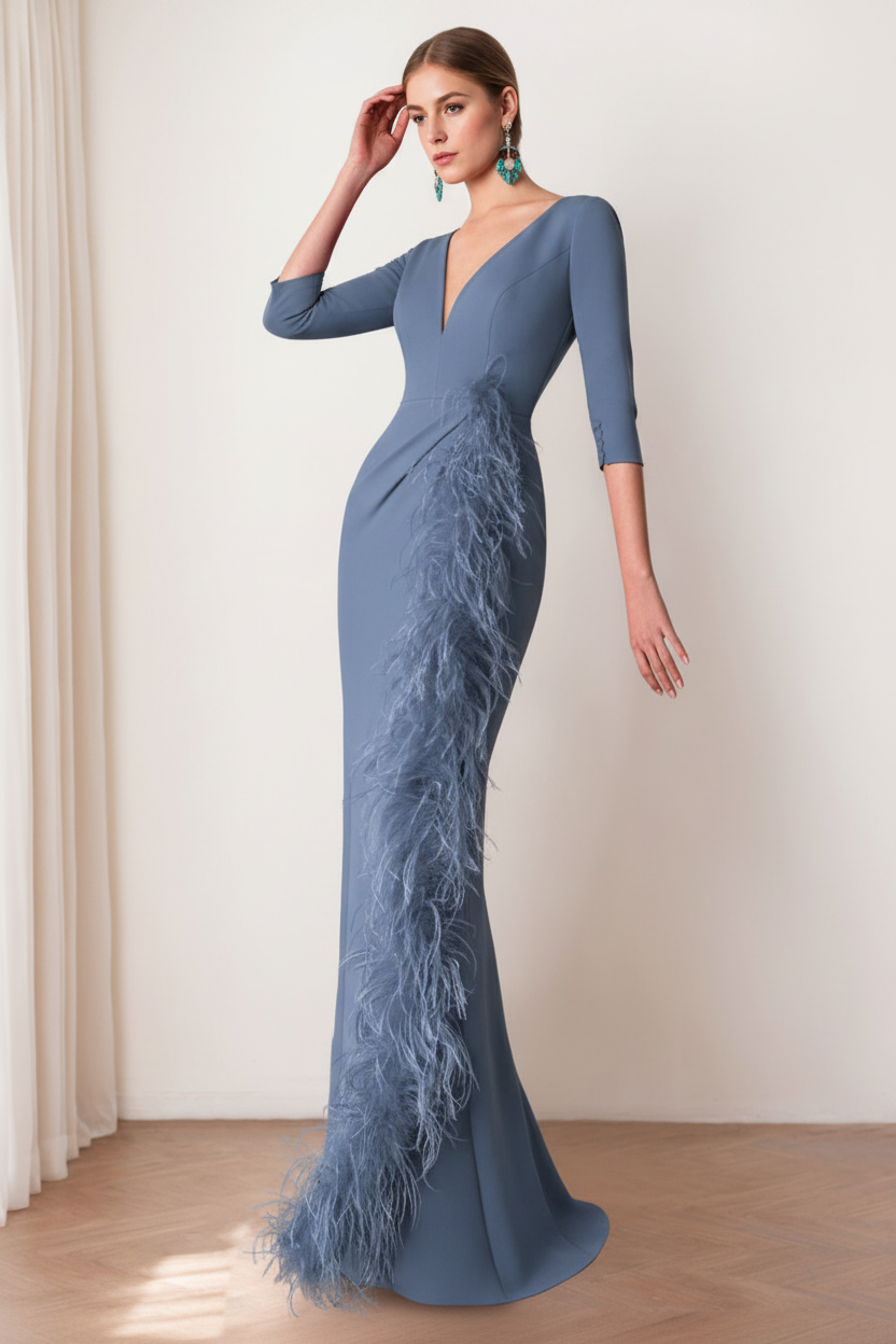 Sheath/Column V-Neck 3/4 Length Sleeves Floor-Length Mother of the Bride dresses with Feathers