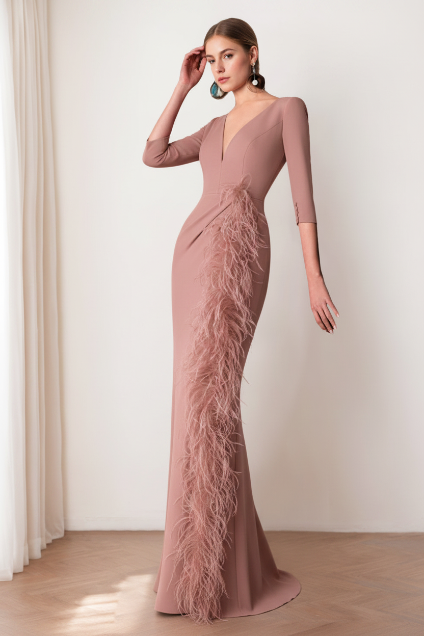 Sheath/Column V-Neck 3/4 Length Sleeves Floor-Length Mother of the Bride dresses with Feathers