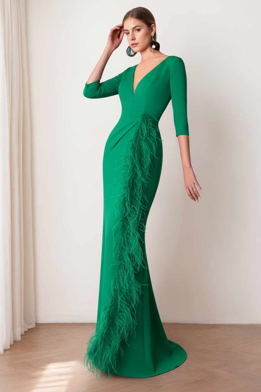 Sheath/Column V-Neck 3/4 Length Sleeves Floor-Length Mother of the Bride dresses with Feathers
