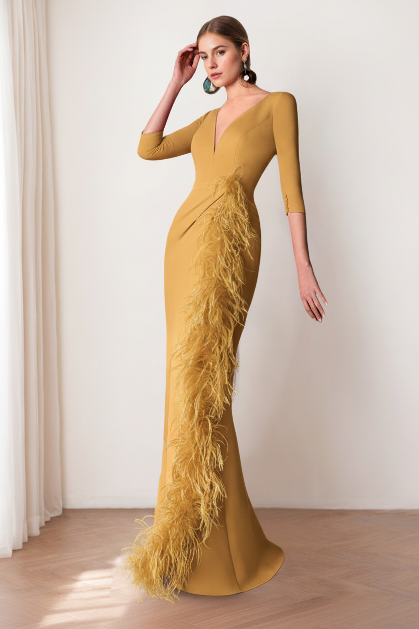 Sheath/Column V-Neck 3/4 Length Sleeves Floor-Length Mother of the Bride dresses with Feathers