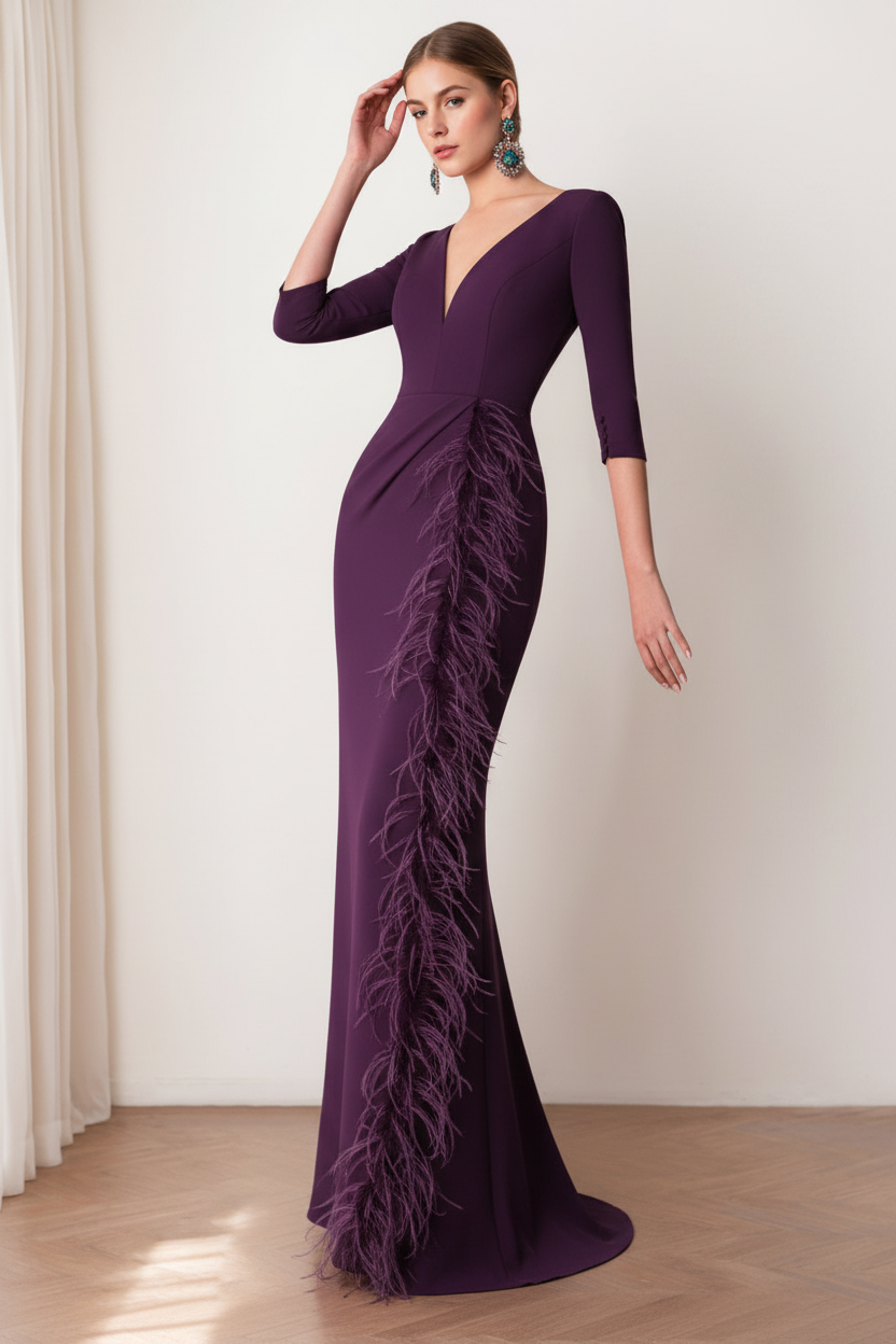 Sheath/Column V-Neck 3/4 Length Sleeves Floor-Length Mother of the Bride dresses with Feathers