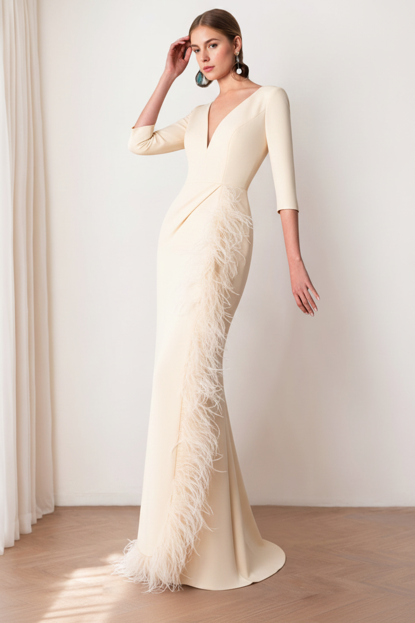 Sheath/Column V-Neck 3/4 Length Sleeves Floor-Length Mother of the Bride dresses with Feathers