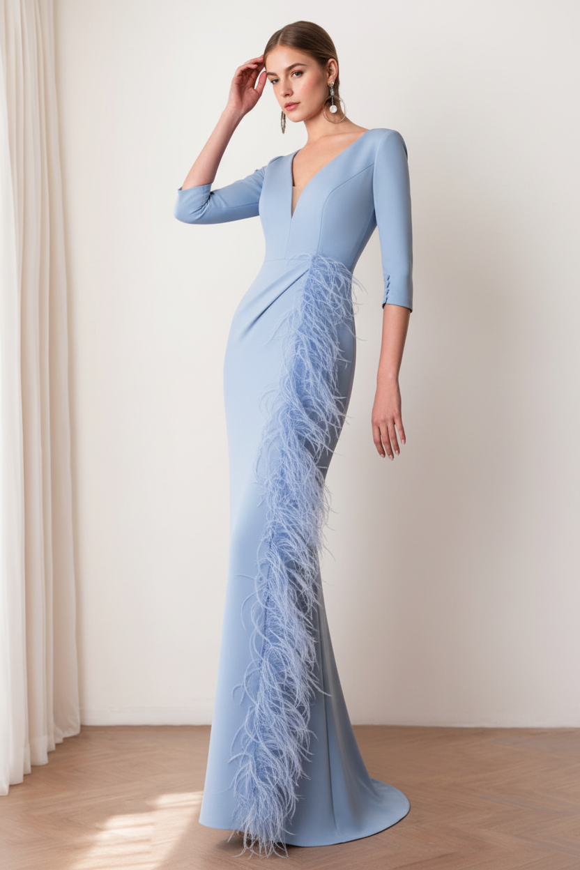 Sheath/Column V-Neck 3/4 Length Sleeves Floor-Length Mother of the Bride dresses with Feathers