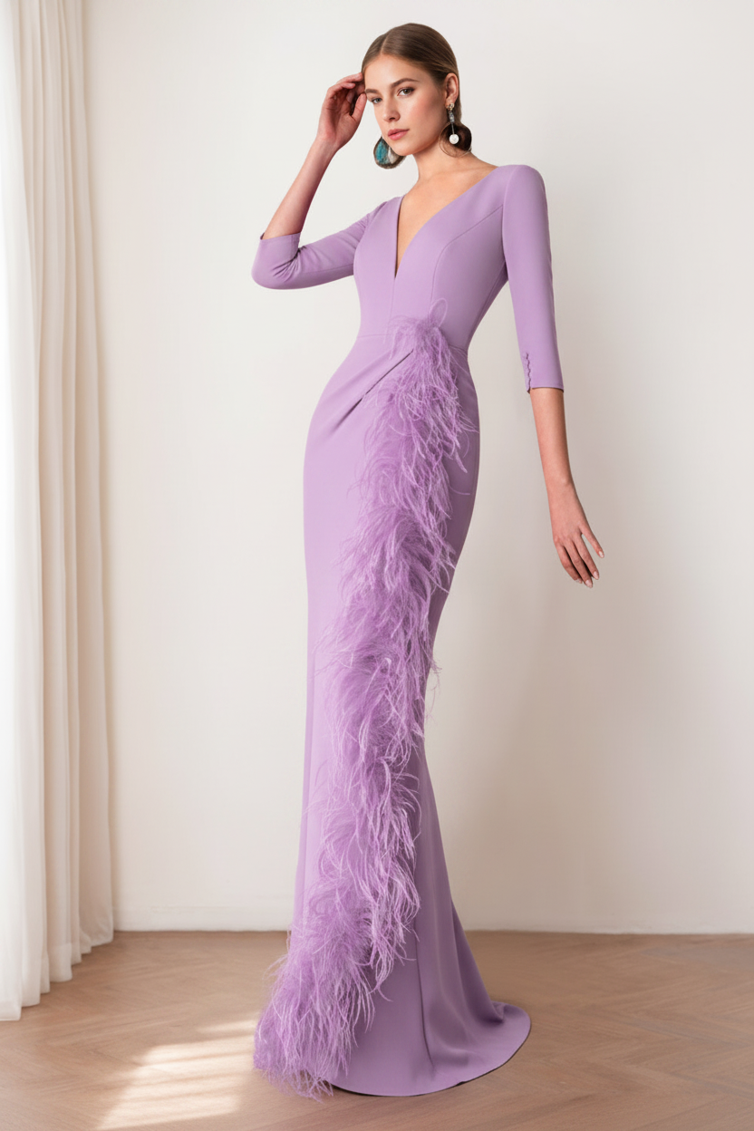 Sheath/Column V-Neck 3/4 Length Sleeves Floor-Length Mother of the Bride dresses with Feathers