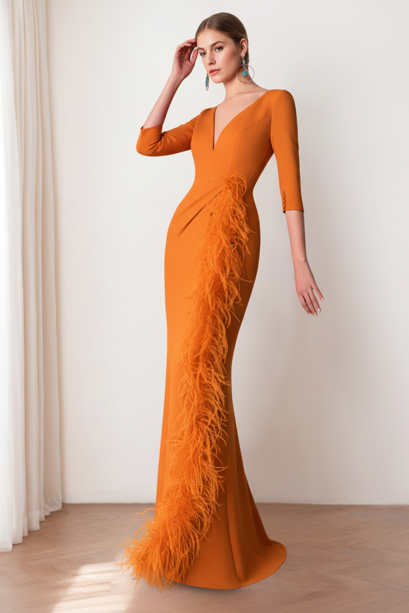 Sheath/Column V-Neck 3/4 Length Sleeves Floor-Length Mother of the Bride dresses with Feathers